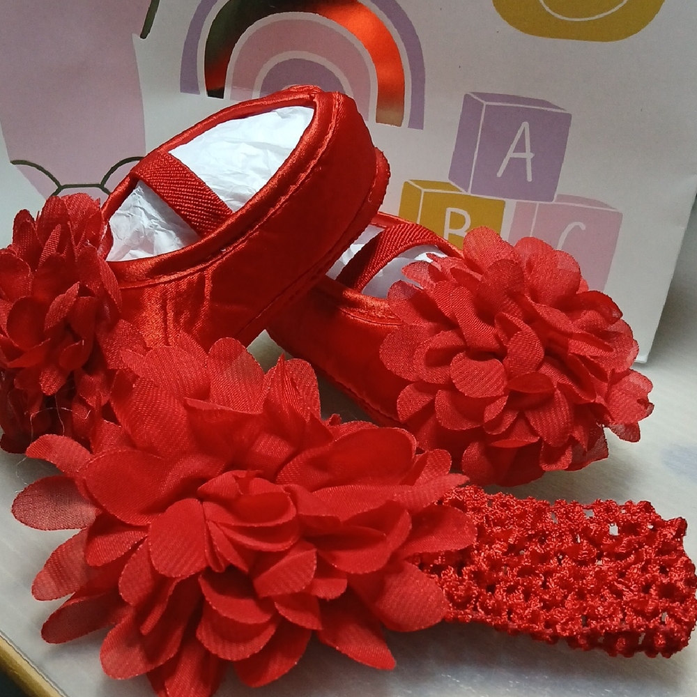 Vibrant Red Baby Shoes & Headband with Soft Floral Design